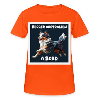 AUSTRALIAN SHEPHERD AUTOAUFKLEBER AN BORD - Frauen T-Shirt atmungsaktiv - Neonorange - Vorne - AI Model Female 172 dark (172cm)