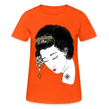 Japan Geisha , Blütenkrone Porträt in Gold,  - Frauen T-Shirt atmungsaktiv - Neonorange - Vorne - AI Model Female 172 dark (172cm)