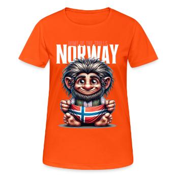 Norwegischer Troll mit Flagge – Heimat der Trolle - Frauen T-Shirt atmungsaktiv - Neonorange - Vorne - AI Model Female 172 dark (172cm)
