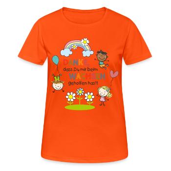 Message de remerciement de la crèche | Enfants - Arc-en-ciel - Fleurs - T-shirt respirant Femme - orange néon - Devant - AI Model Female 172 dark (172cm)