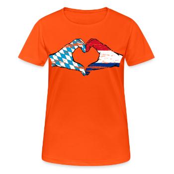 Bayern Holland Flagge Hände Herzform used - Frauen T-Shirt atmungsaktiv - Neonorange - Vorne - AI Model Female 172 dark (172cm)