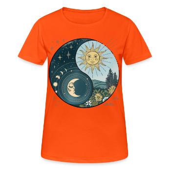 Yin Yang Sonne und Mond Himmlische Harmonie - Frauen T-Shirt atmungsaktiv - Neonorange - Vorne - AI Model Female 172 dark (172cm)