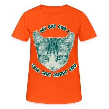 Sassy Cat Talk – Lustiges Katzenmotiv - Frauen T-Shirt atmungsaktiv - Neonorange - Vorne - AI Model Female 172 dark (172cm)