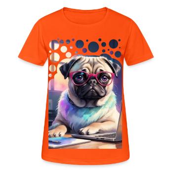 Bureau Chien Carlin avec Ordinateur Portable et Lunettes Roses Pop Art - T-shirt respirant Femme - orange néon - Devant - AI Model Female 172 dark (172cm)