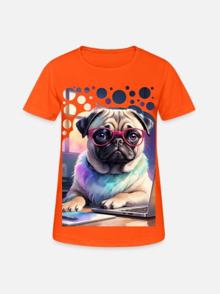 Bürohund Mops mit Laptop und pinker Brille Pop Art - Frauen T-Shirt atmungsaktiv - Neonorange