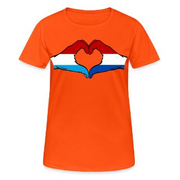 Luxemburg Holland Flagge Haende Herzform - Frauen T-Shirt atmungsaktiv - Neonorange - Vorne - AI Model Female 172 dark (172cm)