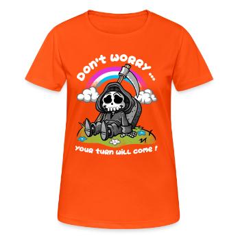 Der Sarkasmus des Todes - Frauen T-Shirt atmungsaktiv - Neonorange - Vorne - AI Model Female 172 dark (172cm)