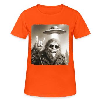 Rock, Rocker, Rock Musik, Rock Hand, Bigfoot UFO - Frauen T-Shirt atmungsaktiv - Neonorange - Vorne - AI Model Female 172 dark (172cm)