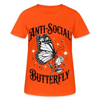Schmetterling Antisozial - Lustiger Spruch - Frauen T-Shirt atmungsaktiv - Neonorange - Vorne - AI Model Female 172 dark (172cm)