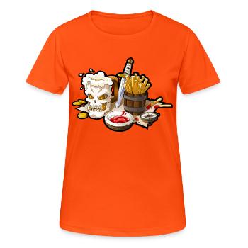Krug mit Totenkopfbier und Piratenchips - Frauen T-Shirt atmungsaktiv - Neonorange - Vorne - AI Model Female 172 dark (172cm)