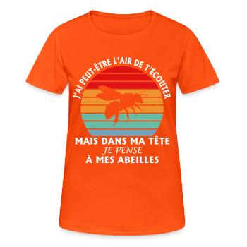 Ich scheine zuzuhören, aber ich denke an die Bienen - Frauen T-Shirt atmungsaktiv - Neonorange - Vorne - AI Model Female 172 dark (172cm)