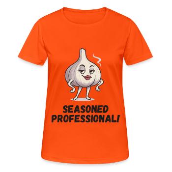 Knoblauch Dame - selbstbewusst Karikatur  - Frauen T-Shirt atmungsaktiv - Neonorange - Vorne - AI Model Female 172 dark (172cm)