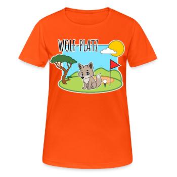 Wolf-Platz - Ein Wolf auf dem Golfplatz - Frauen T-Shirt atmungsaktiv - Neonorange - Vorne - AI Model Female 172 dark (172cm)