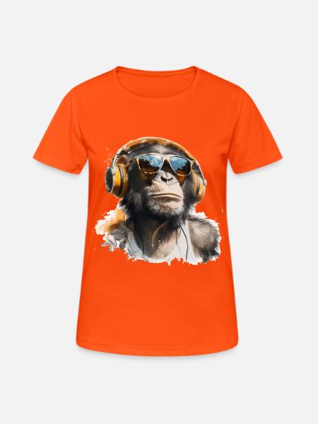 Affe mit Kopfhörern und Sonnenbrille - Frauen T-Shirt atmungsaktiv - Neonorange