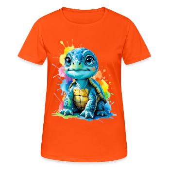 Bunte Schildkröte mit Farbspritzern - Frauen T-Shirt atmungsaktiv - Neonorange - Vorne - AI Model Female 172 dark (172cm)