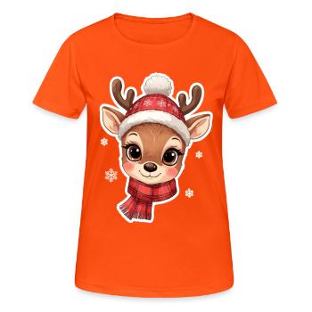 Winterhirsch mit rotem Schal - Frauen T-Shirt atmungsaktiv - Neonorange - Vorne - AI Model Female 172 dark (172cm)