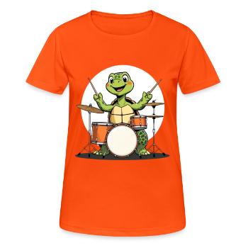Schildkroete am Drumset - Frauen T-Shirt atmungsaktiv - Neonorange - Vorne - AI Model Female 172 dark (172cm)