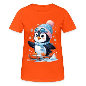 Winterpinguin auf dem Schlitten - Frauen T-Shirt atmungsaktiv - Neonorange - Vorne - AI Model Female 172 dark (172cm)