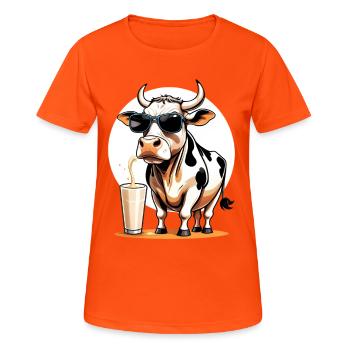 Kuh mit Sonnenbrille Milchshake - Frauen T-Shirt atmungsaktiv - Neonorange - Vorne - AI Model Female 172 dark (172cm)
