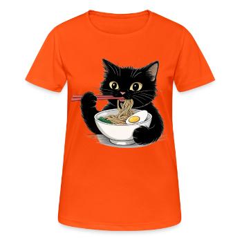 Schwarze Katze isst Ramen Nudeln  - Frauen T-Shirt atmungsaktiv - Neonorange - Vorne - AI Model Female 172 dark (172cm)