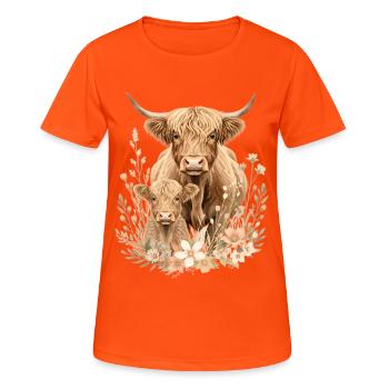 Kühe Kalb im Blumensaum - Frauen T-Shirt atmungsaktiv - Neonorange - Vorne - AI Model Female 172 dark (172cm)