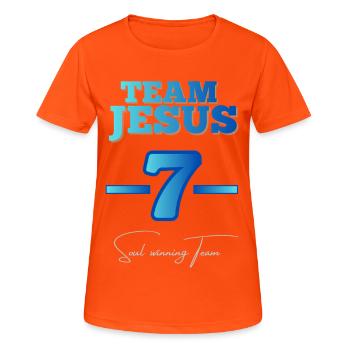 Team Jesus 7 – Soul winning Team - Frauen T-Shirt atmungsaktiv - Neonorange - Vorne - AI Model Female 172 dark (172cm)