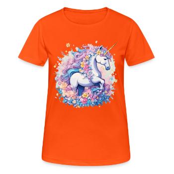 Pastell-Unicorn mit Blumenkronenring - Frauen T-Shirt atmungsaktiv - Neonorange - Vorne - AI Model Female 172 dark (172cm)