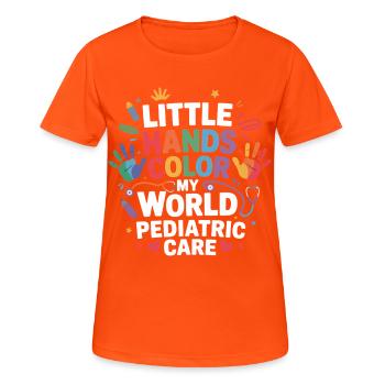 Kleine Hände bunte Pflegwelt - Frauen T-Shirt atmungsaktiv - Neonorange - Vorne - AI Model Female 172 dark (172cm)