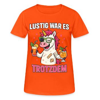 einhorn betrunken, lustig war es, Party Shirt - Frauen T-Shirt atmungsaktiv - Neonorange - Vorne - AI Model Female 172 dark (172cm)
