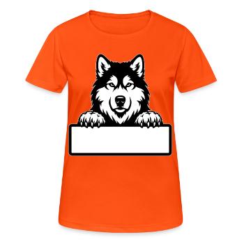 Alaskan Malamute Namensschild schwarzweiss - Frauen T-Shirt atmungsaktiv - Neonorange - Vorne - AI Model Female 172 dark (172cm)