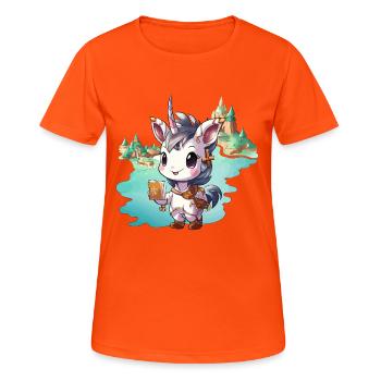 Kleiner Unicorn mit Buch am See - Frauen T-Shirt atmungsaktiv - Neonorange - Vorne - AI Model Female 172 dark (172cm)