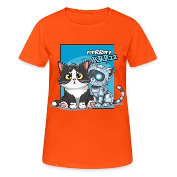 Katze und Roboter, Humor, Cartoon, Comics - Frauen T-Shirt atmungsaktiv - Neonorange - Vorne - AI Model Female 172 dark (172cm)