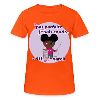 Ich bin nicht perfekt, aber ich kann nähen - Frauen T-Shirt atmungsaktiv - Neonorange - Vorne - AI Model Female 172 dark (172cm)