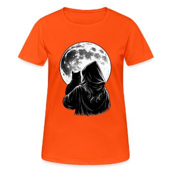 Goth woman with black cat and full moon - Women's Breathable T-Shirt - neon orange - Front - AI Model Female 172 dark (172cm)