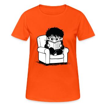 Aufkleberkind liest gemütliche Sessel Schwarz-Weiß - Frauen T-Shirt atmungsaktiv - Neonorange - Vorne - AI Model Female 172 dark (172cm)