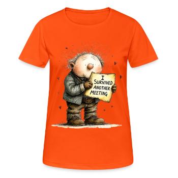 I survived another meeting Büro Humor Spruch - Frauen T-Shirt atmungsaktiv - Neonorange - Vorne - AI Model Female 172 dark (172cm)