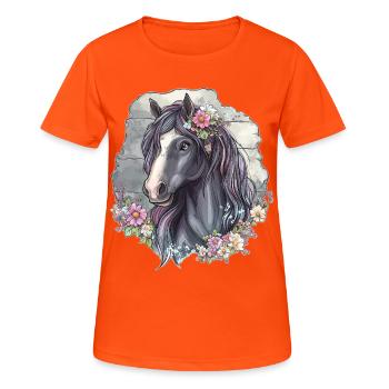 Pferd mit Blüten - Frauen T-Shirt atmungsaktiv - Neonorange - Vorne - AI Model Female 172 dark (172cm)