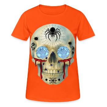 T-Shirt-Design mit Schädel mit Spinnen und Diamantaugen - Frauen T-Shirt atmungsaktiv - Neonorange - Vorne - AI Model Female 172 dark (172cm)