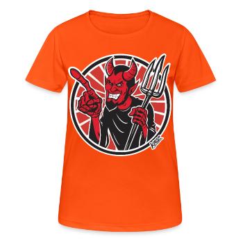 Lustiges Maskottchen-Abzeichen des roten Dämons mit Mistgabel - Frauen T-Shirt atmungsaktiv - Neonorange - Vorne - AI Model Female 172 dark (172cm)