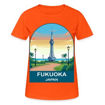 Fukuoka Japan Seaside Tower Travel Poster - Women's Breathable T-Shirt - neon orange - Front - AI Model Female 172 dark (172cm)