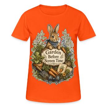 Le jardin avant le temps d’écran - T-shirt respirant Femme - orange néon - Devant - AI Model Female 172 dark (172cm)