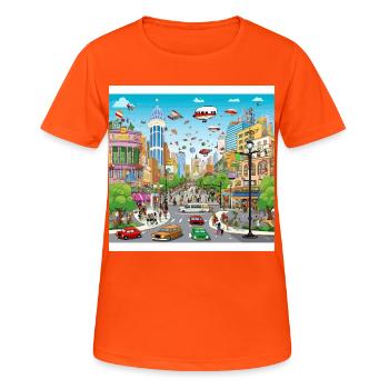 Futuristische Stadtflug-Parade - Frauen T-Shirt atmungsaktiv - Neonorange - Vorne - AI Model Female 172 dark (172cm)