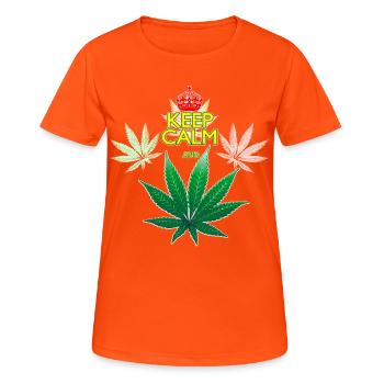 Keep Calm und Cannabis Leaf - Frauen T-Shirt atmungsaktiv - Neonorange - Vorne - AI Model Female 172 dark (172cm)