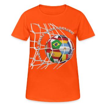 Fußball kennt keine Grenzen – Welt-Ball im Tornetz - Frauen T-Shirt atmungsaktiv - Neonorange - Vorne - AI Model Female 172 dark (172cm)