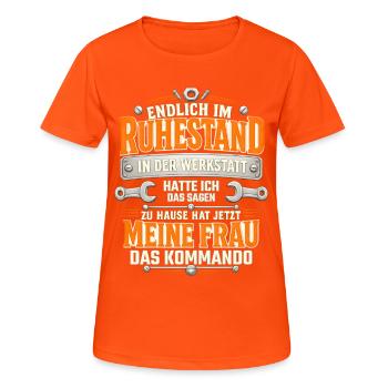 Endlich Rentner Werkstatt Frau Kommando Spruch - Frauen T-Shirt atmungsaktiv - Neonorange - Vorne - AI Model Female 172 dark (172cm)