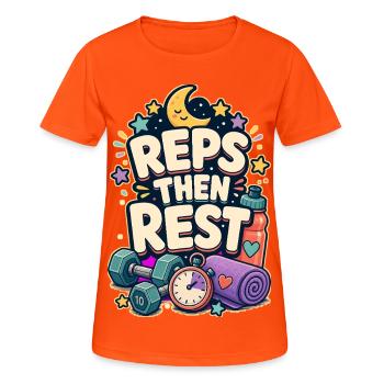 REPS THEN REST - Frauen T-Shirt atmungsaktiv - Neonorange - Vorne - AI Model Female 172 dark (172cm)