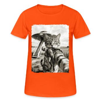 Lustige Katze Selfie mit Alien und UFO - Frauen T-Shirt atmungsaktiv - Neonorange - Vorne - AI Model Female 172 dark (172cm)