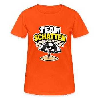 Hitzesommer 2026 | Team Schatten - Frauen T-Shirt atmungsaktiv - Neonorange - Vorne - AI Model Female 172 dark (172cm)