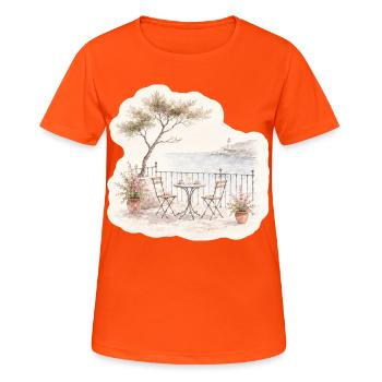 Vue sur le balcon – bistrot sur la mer - T-shirt respirant Femme - orange néon - Devant - AI Model Female 172 dark (172cm)