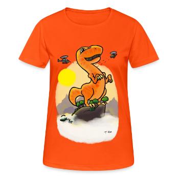Dino Auf Berggipfel - Frauen T-Shirt atmungsaktiv - Neonorange - Vorne - AI Model Female 172 dark (172cm)